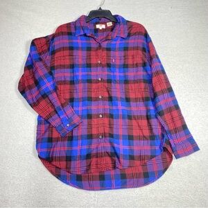 Levis Boyfriend Flannel Shirt Women's M Plaid Button Up Cozy Fall Western Casual